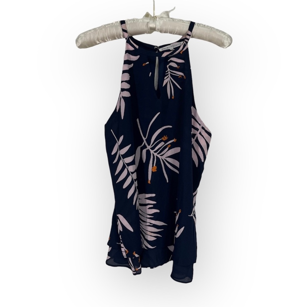 -Violet & Claire Blue Tank Top Pink Tropical Palm Halter High Neck Vacation Sz S